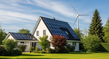 Sustainable Home with Solar Panels and Wind Turbine in Lush Green Landscape