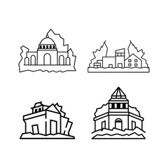 Fototapeta premium A set of war destroyed building line art vector illustration