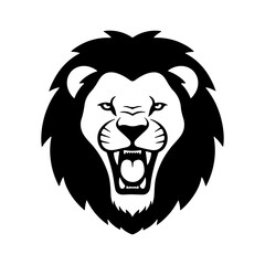 Black and white vector illustration of a roaring lion head.