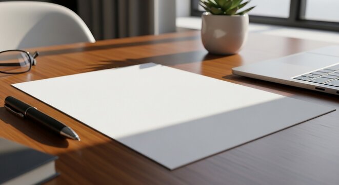 Sunlit Workspace Mockup: Blank Paper, Pen, Laptop, and Glasses