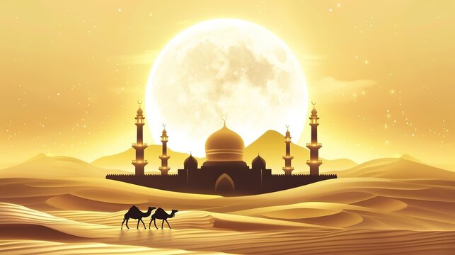 Illustration of the Kaabah with desert sand, mosque minarets, moonlight, and camels, symbolizing Islamic spirituality, pilgrimage, and cultural heritage