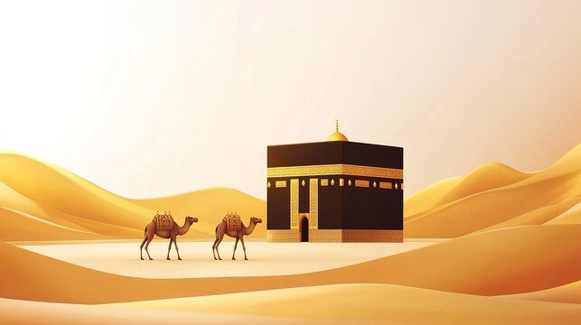 Illustration of the Kaabah with desert sand, mosque minarets, moonlight, and camels, symbolizing Islamic spirituality, pilgrimage, and cultural heritage