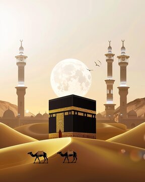 Illustration of the Kaabah with desert sand, mosque minarets, moonlight, and camels, symbolizing Islamic spirituality, pilgrimage, and cultural heritage