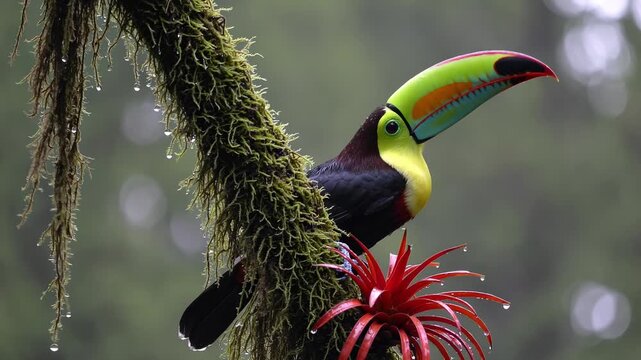 Toucan perched on mossy rainforest branch beside red bromeliad after rain, vibrant multicolored bill and sleek plumage, tropical bird resting in misty habitat with raindrops