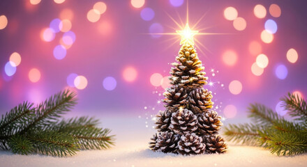 Obraz premium Sparkling christmas tree with star topper and soft bokeh lights in a winter wonderland