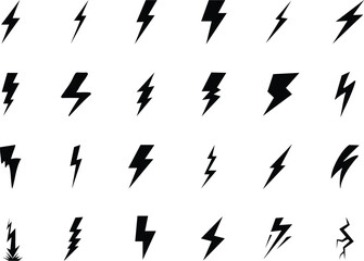 Lightning Bolt Icon Set . Vector Thunderbolt Symbols, Electric Energy Flash Silhouettes Collection. Black silhouette lightning bolt icon set.