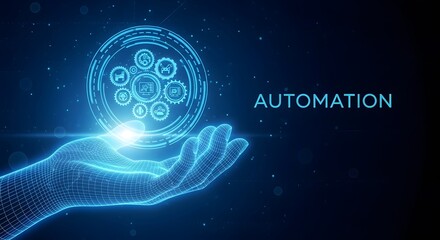 Futuristic hand holding glowing digital sphere with automation symbols and text