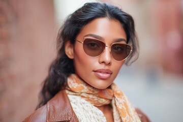 Stylish woman in scarf and cat-eye sunglasses adjusting head wrap in city alley, editorial fashion portrait