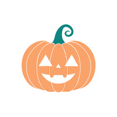 Orange pumpkin with carved face and teal stem halloween jack o lantern