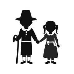 Pilgrim man and girl holding hands cane