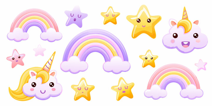 Cute kawaii unicorns rainbows and stars collection for childrens designs