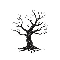 Twisted bare tree silhouette with exposed roots black white