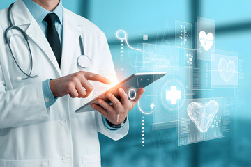 Modern doctor using tablet for innovative healthcare solutions with advanced medical data interface