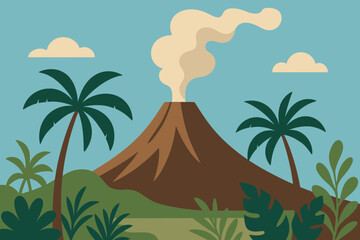A cartoon illustration of a smoking volcano in a tropical jungle landscape with palm trees under a blue sky.