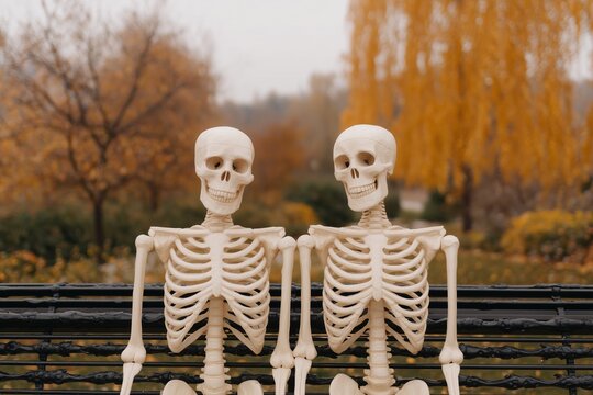 Two skeletons sitting together on a bench in a park surrounded by autumn foliage, showcasing a playful and humorous take on companionship and seasonal change