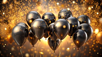 Cluster of black balloons with golden glitter background