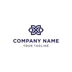 A minimalist, abstract, dark blue geometric logo design featuring a stylized four-petal flower or knot symbol above text placeholders for a company name and tagline.
