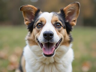 Happy Tri Color Dog with White Fur Posing Outdoors in Green Grass Field Daytime
