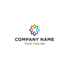 A colorful abstract geometric logo design featuring interconnected shapes forming a star or flower-like emblem, with placeholder text for company name and tagline.