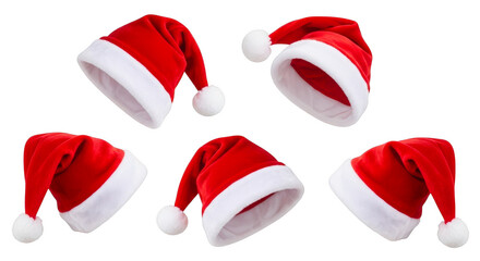 Five classic red and white santa claus hats with fluffy pom poms isolated on transparent background