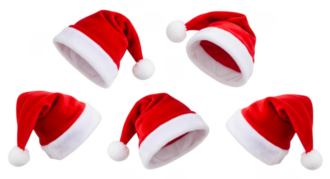 Five classic red and white santa claus hats with fluffy pom poms isolated on transparent background
