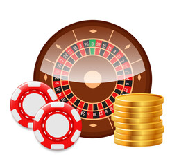 Online casino composition. Roulette, gold coins and chips. Vector 3d illustration