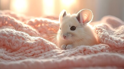 A tiny fluffy chinchilla rests peacefully on a soft pink knitted blanket in warm gentle light