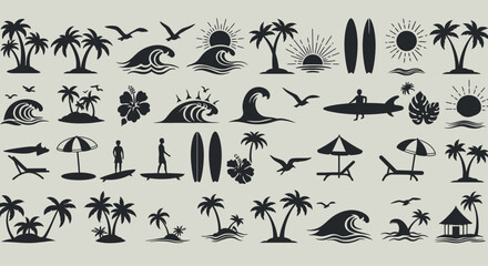 Fototapeta premium Silhouette of a tropical beach with palm trees, waves, and surfboards, perfect for summer vacation themes and seaside designs isolated on white background