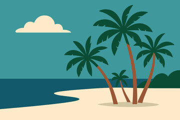 Tranquil beach scene with palm trees and calm ocean.
