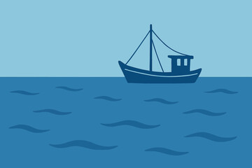 Illustration of a fishing boat on the water with a light blue background.