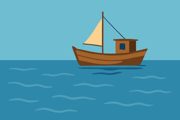 Wooden fishing boat on a calm sea, illustration.