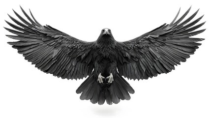 Obraz premium Powerful black eagle with wings spread wide against a stark white background