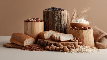 Fototapeta premium Rustic wooden table arrangement with bread nuts natural healthy lifestyle food photography decorative composition