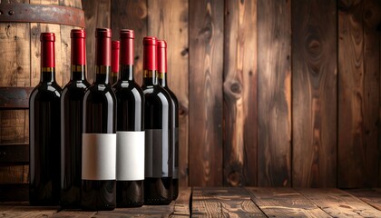 Red wine bottles on a wooden table