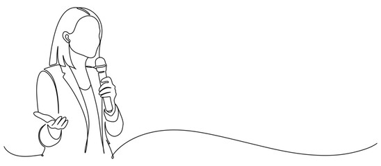 Woman speaking with a microphone in a continuous line drawing style