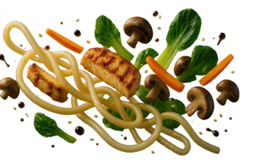 Dynamic shot of savory Asian stir-fry ingredients falling, isolated on transparent background.