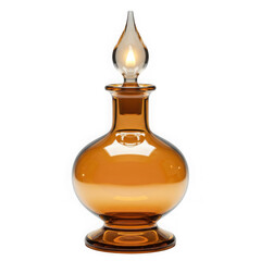 Elegant amber glass perfume bottle with ornate stopper and reflective surface transparent background