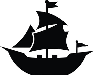 Classic Ship Silhouette with Waving Flags - Nautical Vector Illustration. Sailing Ship Silhouette with Fluttering Flags - Maritime Vector Art