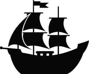 Black silhouette of the pirate ship in night, Silhouette of a Pirate Ship with Fluttering Flags Vector Illustration