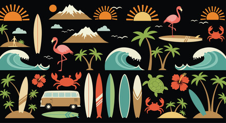 A vibrant tropical pattern featuring surfboards, palm trees, flamingos, waves, and sunsets against a black backdrop, evoking a summery beach vibe