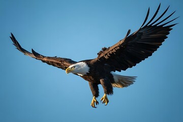 Obraz premium Bald eagle soaring through the clear blue sky with wings spread wide