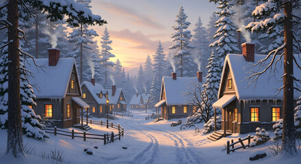 Fototapeta premium Cozy winter village scene with snow-covered homes and warm glowing windows at dusk