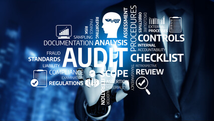 A professional representation of audit concepts featuring analysis, compliance, and internal controls, illustrating the significance of risk management and evaluation in business operations. Tessel