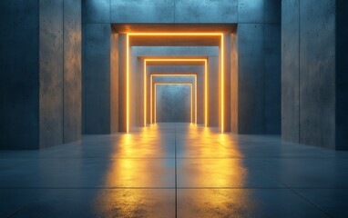 Abstract futuristic hallway with glowing orange neon lights, creating a modern and stylish architectural background