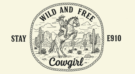 A vintagestyle illustration of a cowgirl riding a horse in the desert with the words wild and free and stay cowgirl