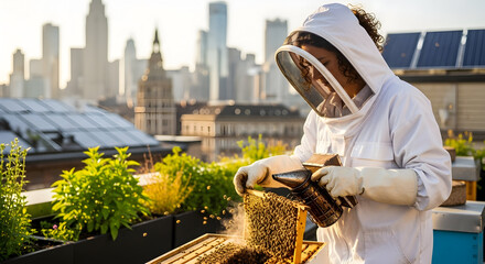 Professional female beekeeper with a smoker working on a rooftop apiary, cultivating natural organic honey in a modern city environment