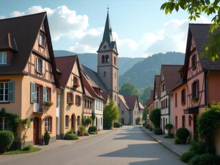 ドイツの伝統的な村の通り 夏の晴れた日に教会と家が並ぶ