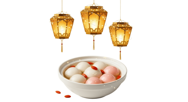 Golden lanterns swinging gracefully, sparkling with garlands, above a Tangyuan bowl isolated on transparent background