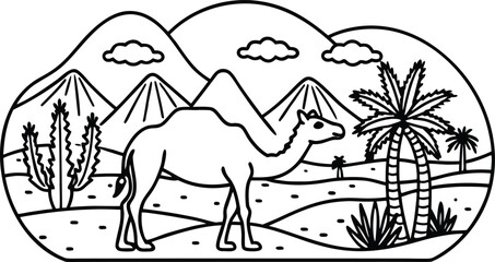 Desert oasis camel scene with mountains palm trees and cacti line art