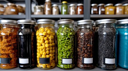Supermarket preserved jars shelves lifestyle decorative inspiration modern artistic photography composition stylish arrangement design concept grocery background